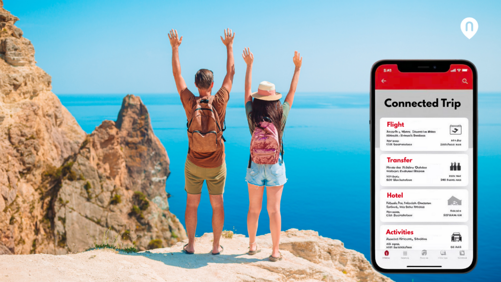travellers on a mountain with an itinerary of a connected trip booked using Nezasa TripBuilder Platform