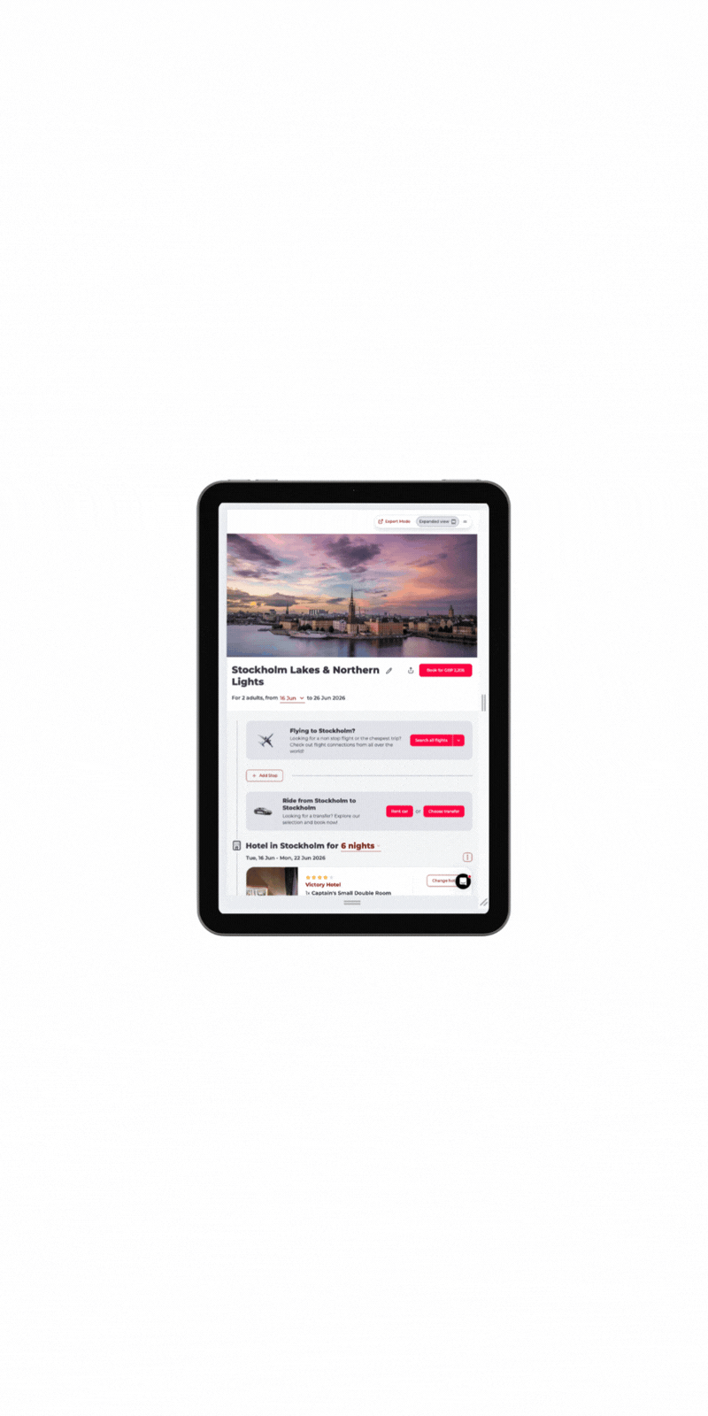 itinerary is shown on smart planner and is ready to be edited or booked